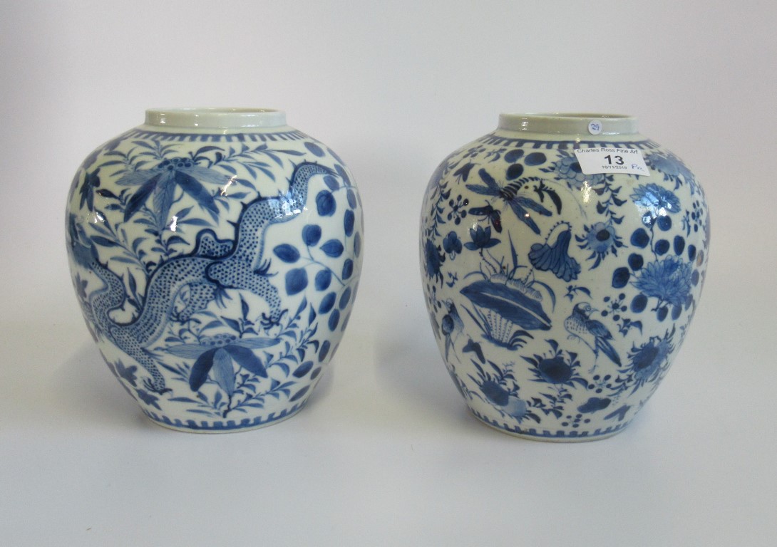 A pair of 19th century Chinese blue and white spice jars, marks to base.