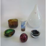 A collection of six pieces of various studio glass.