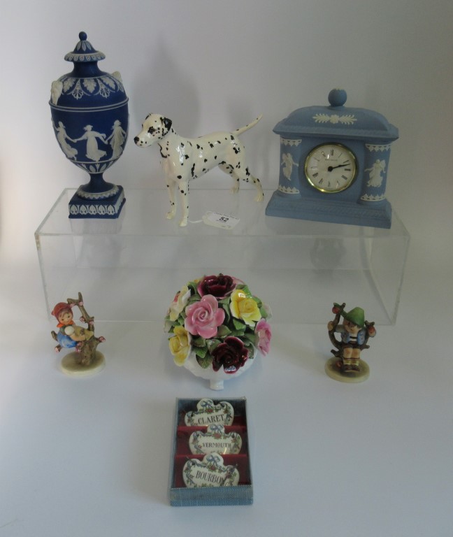 A Royal Stratford floral ornament, together with a Wedgwood mantle clock,