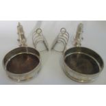 Two hallmarked coasters, together with two hallmarked toast racks and two hallmarked sugars,