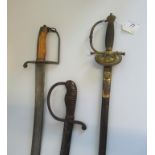 A Naval cutlass, together with a short bladed sword and a Naval sword.