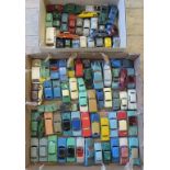 Two boxes containing approximately eighty play worn Dinky toys, to include: Nash Rambler,