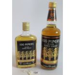 Two bottles of One Hundred Pipers De Luxe Scotch Whisky, one 75cl bottle and the other 37.