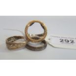 A 9 carat ring mount for a sovereign, together with two further 9 carat gold rings, 9.6g.