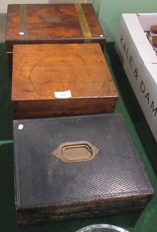 A 19th century mahogany and brass bound writing slope, together with two other boxes.