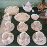 A Paragon Victoriana Rose pattern tea service, comprising: six dinner plates, cake plate, teapot,