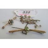 A late Victorian split pearl and turquoise bar brooch,