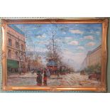 A 20th century gilt framed oil on canvas, Parisian street scene, signed, 60 x 90cm.