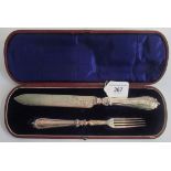 A cased set of hallmarked fish servers, Birmingham 1872, maker JG.