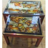 A contemporary hardwood and brass bound coffee table, with inset glass top depicting the globe,