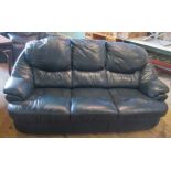 A contemporary blue leather three seater sofa.