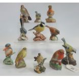 A collection of eleven figurines, depicting English wild birds,