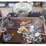 A large silver plated punch bowl, together with a box of miscellaneous silver plate and flatware.