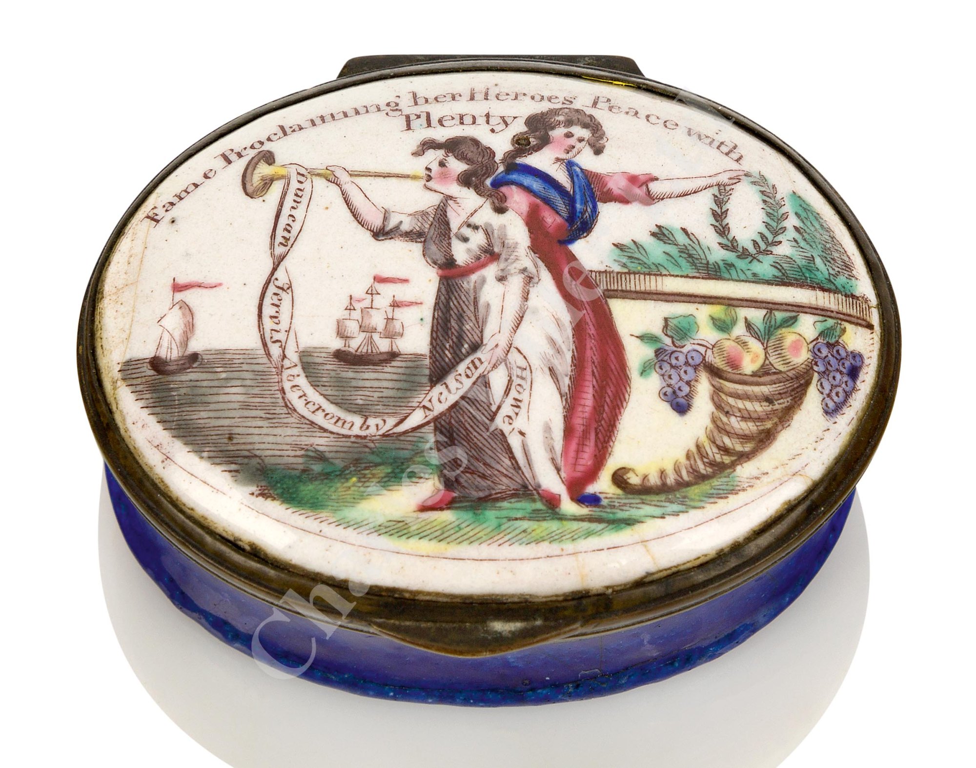 A BILSTONWARE PATCH BOX CELEBRATING THE PEACE OF AMIENS, CIRCA 1803