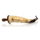 A SCRIMSHAW DECORATED POWDER HORN, PROBABLY 19TH CENTURY