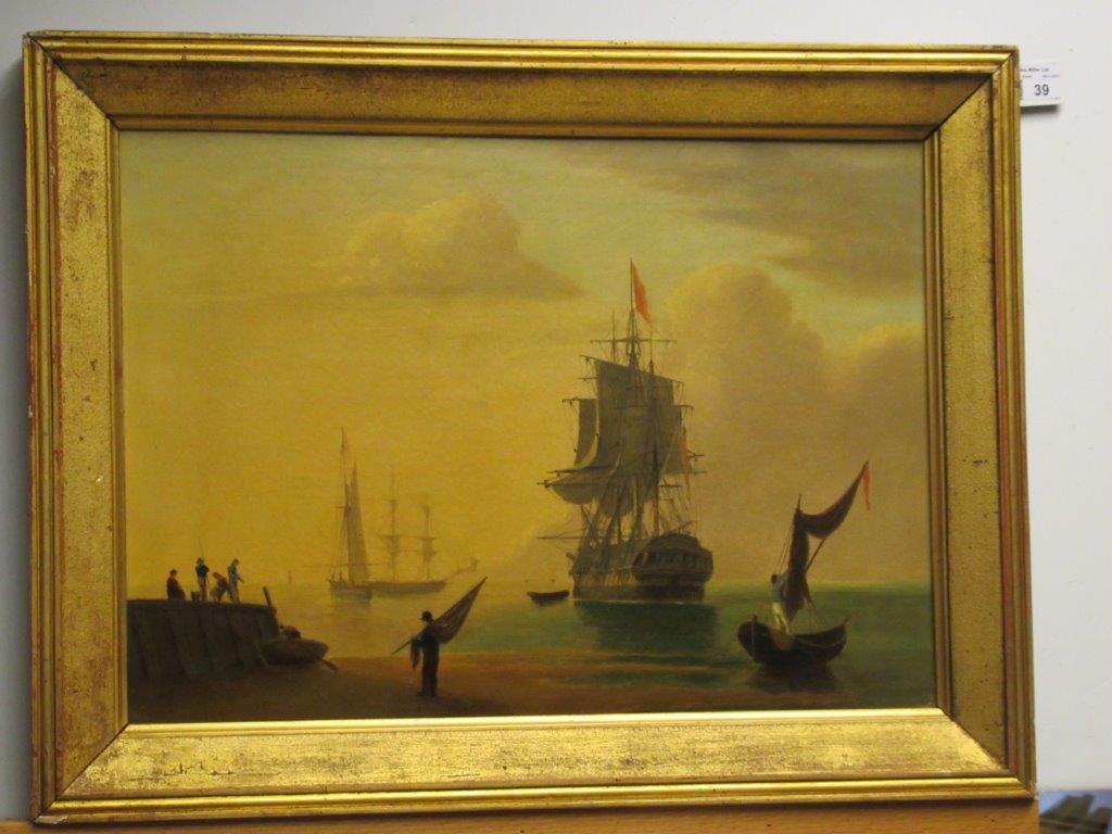 ENGLISH SCHOOL, 19TH CENTURY Beach scene with a man o'war at anchor - Image 3 of 12