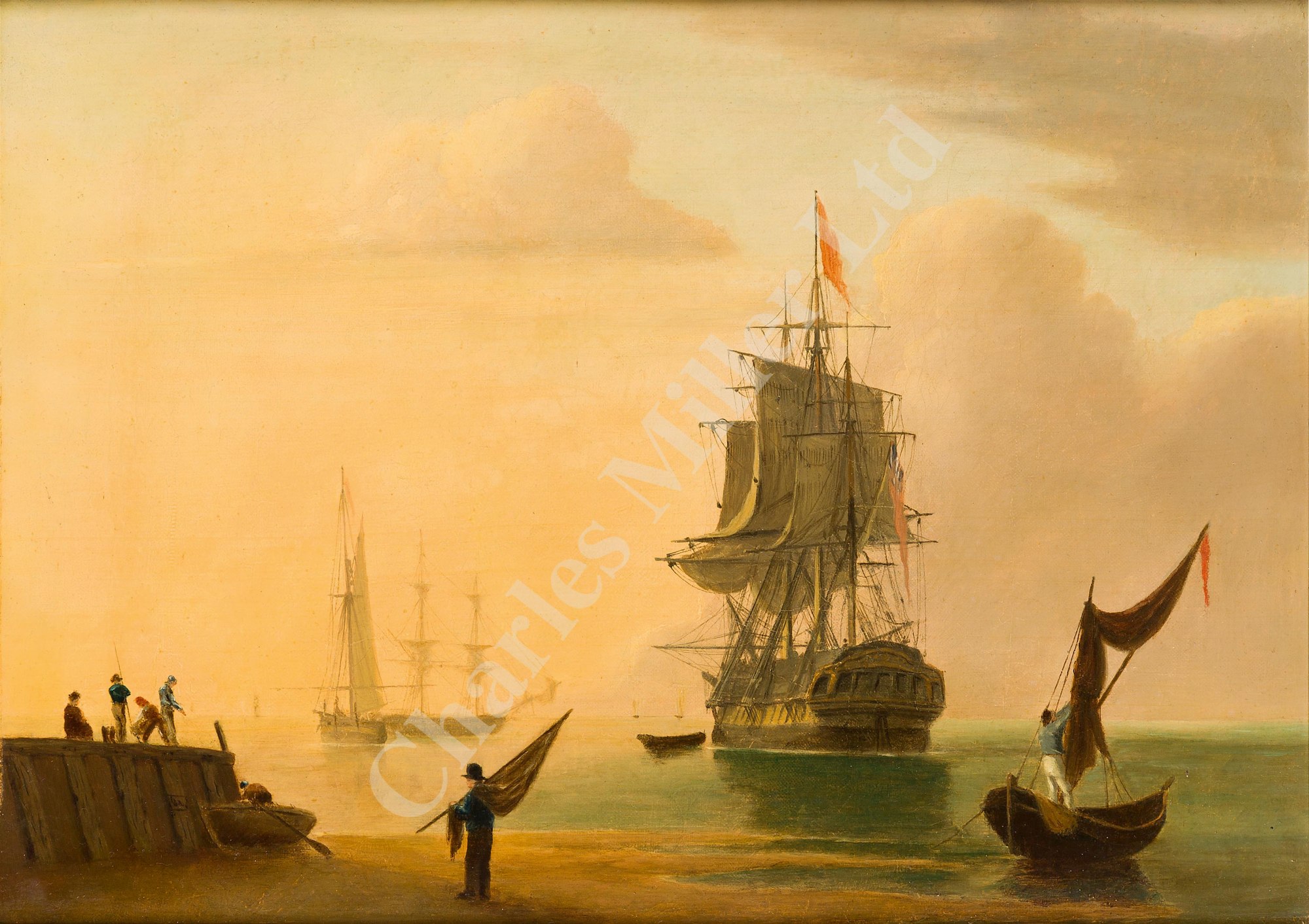 ENGLISH SCHOOL, 19TH CENTURY Beach scene with a man o'war at anchor