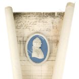 A MODERN WEDGEWOOD JASPERWARE PLAQUE OF CAPTAIN JAMES COOK, plus plans for 'Endeavour'