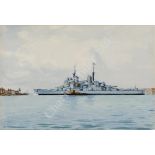 δ ERIC TUFNELL (BRITISH, 1888-1978) H.M.S. 'Vanguard' in Portsmouth Harbour