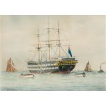 δ ERIC TUFNELL (BRITISH, 1888-1978) H.M.Training Ship 'Worcester' at anchor, Greenhithe