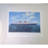 RM Queen Elizabeth (1938) Mid Atlantic colour print. Signed by artist John Young. Mounted to