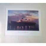 RM Queen Mary (1936) - The Voyage Ahead colour print. Signed by artist John Young. Mounted to approx