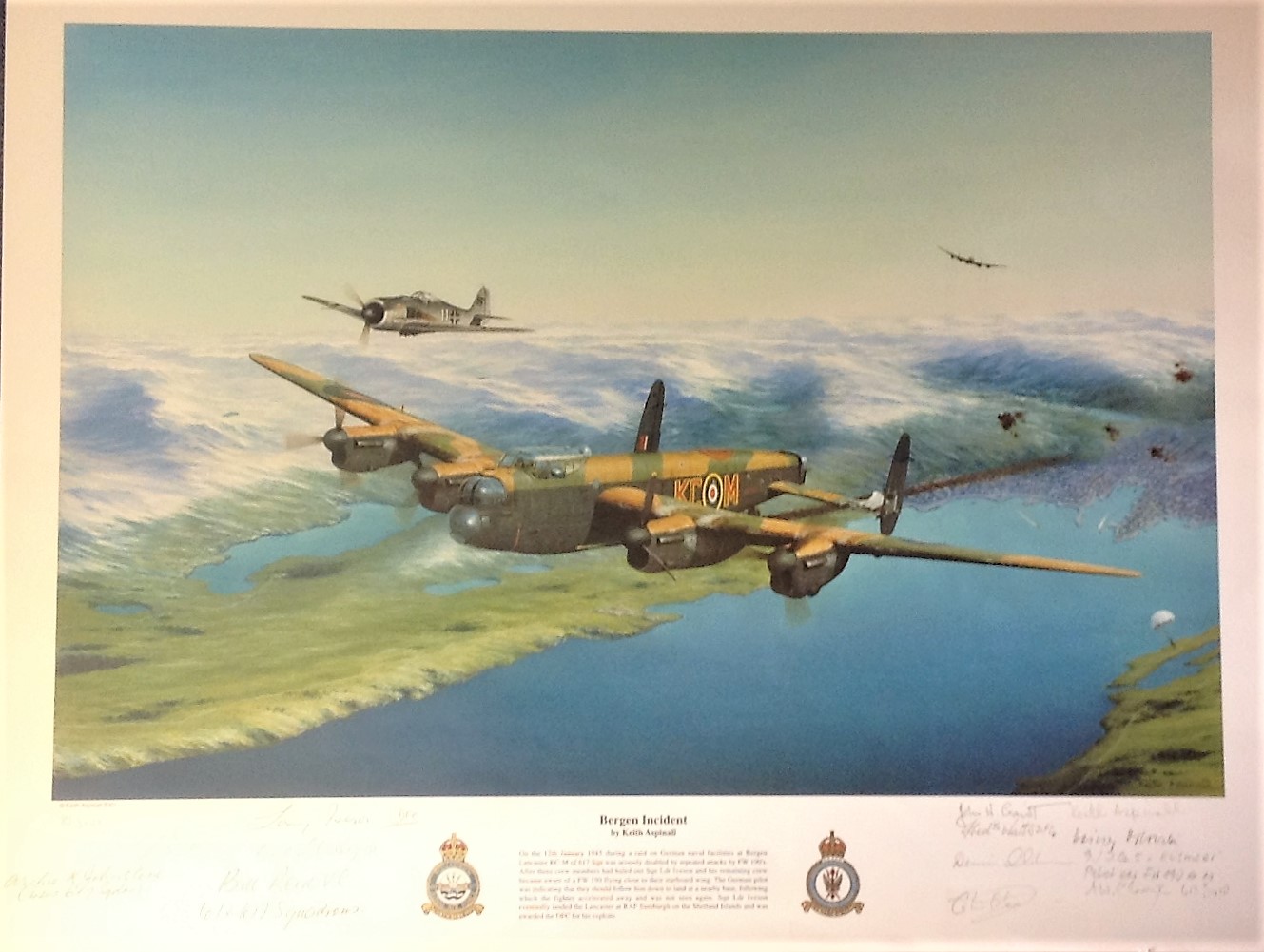 World War Two print 17x22 titled Bergen Incident signed in pencil by the artist Keith Aspinall and