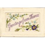 Great War Silk Postcard with floral design and Greetings from France title. Good Condition. All.