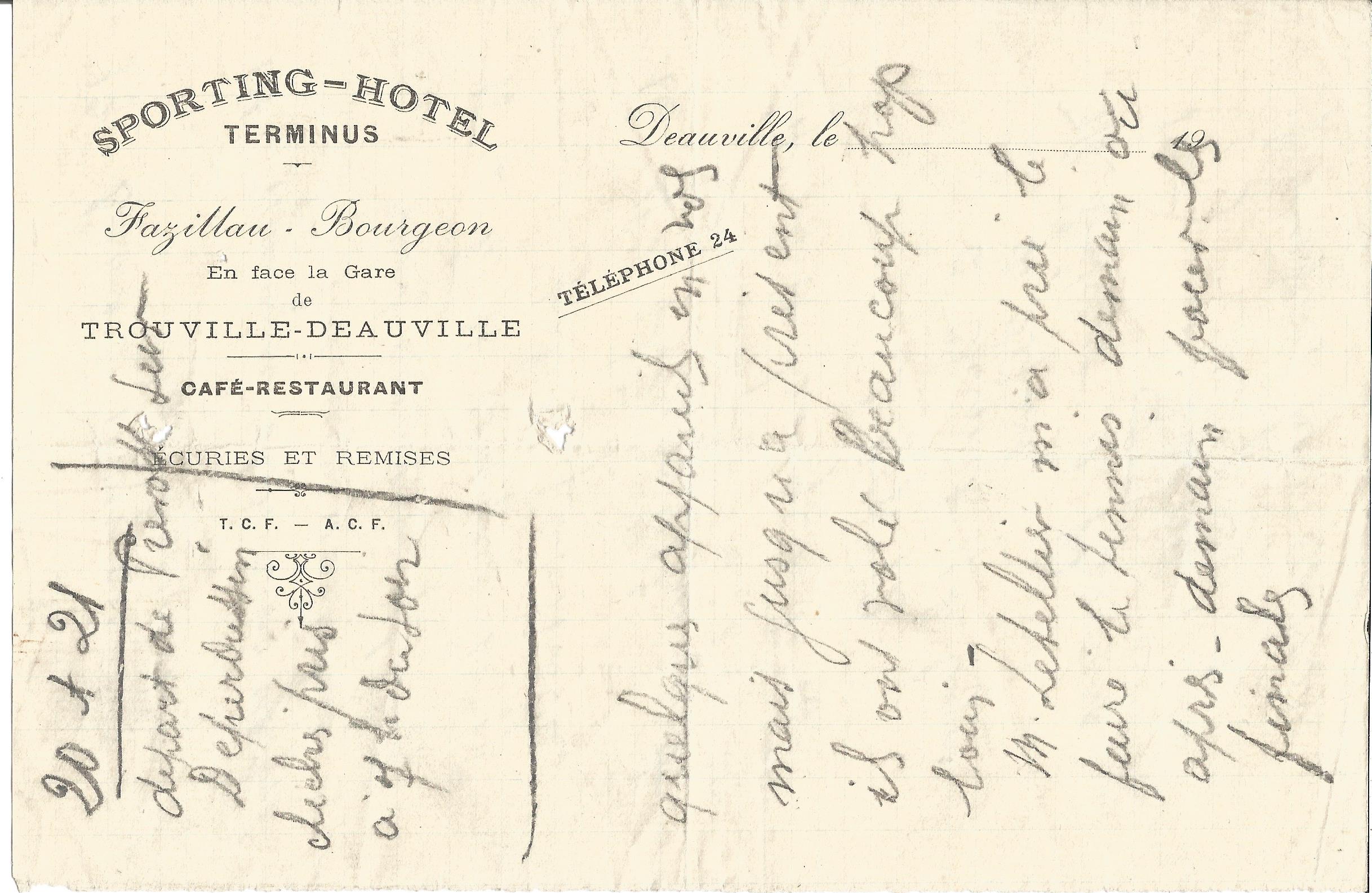 Great War Sporting Hotel Trouville hand written dinner menu. Good condition Est.