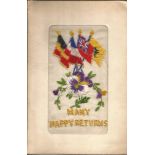 Great War Silk Postcard with floral design and UK and French flags with title Many Happy Returns.