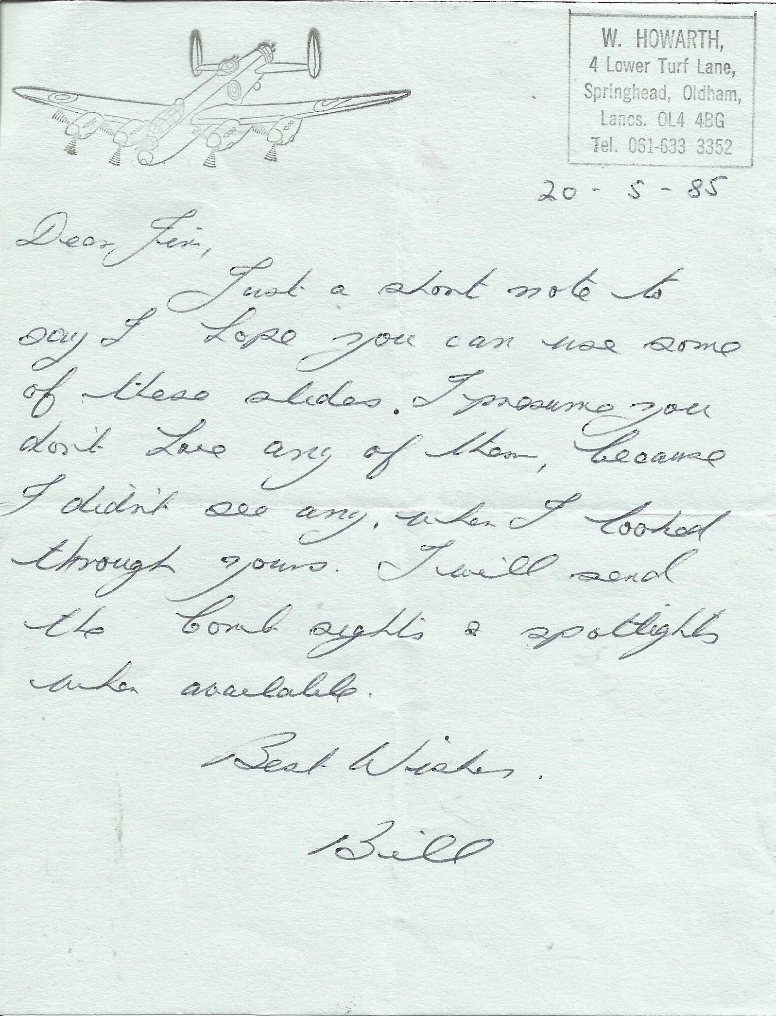 Bill Howarth rare Dambuster veteran autograph hand written letter. From the Jim Shortland 617 Sqn