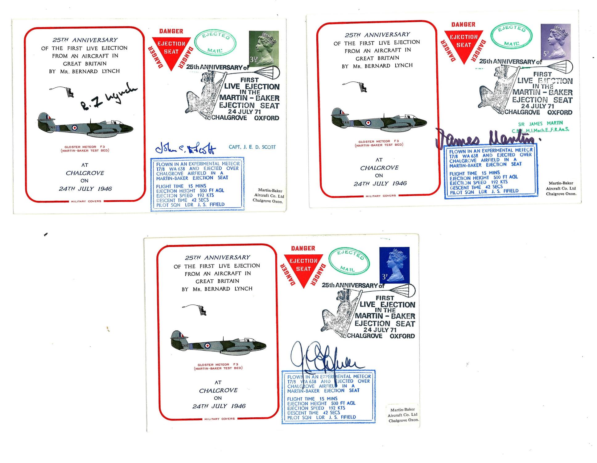 Martin Baker Ejection seat cover collection. Three 1971 covers signed by Sir James Martin, double