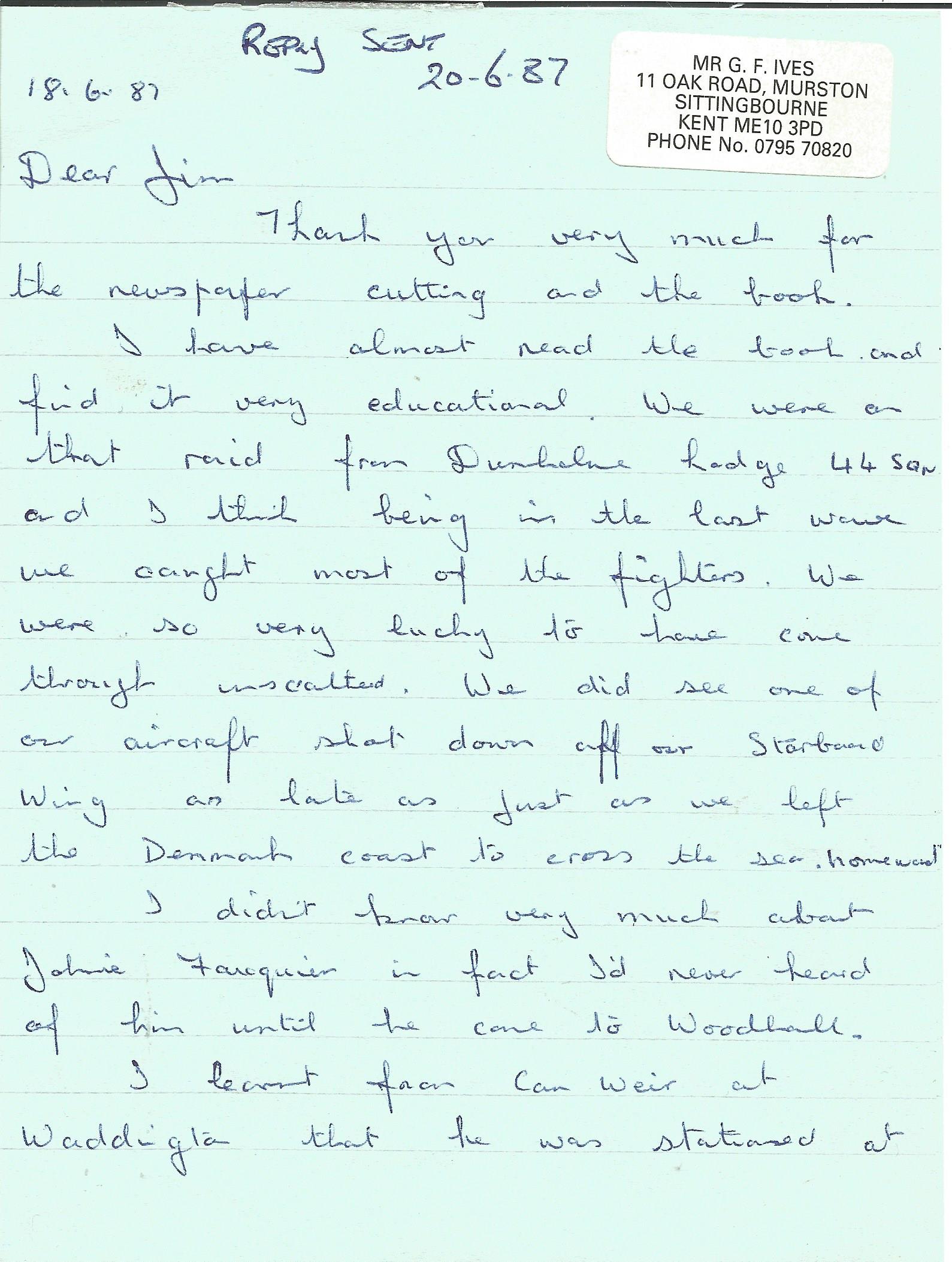 George Ives hand written letter WW2 617 sqn veteran, letter has details on the sorties he did with