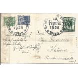 1938 German postcard with three stamps and Wien Swastika postmarks. Good condition Est.