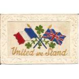 Great War Silk Postcard with French and UK Flags with title United we Stand. Good Condition. All.