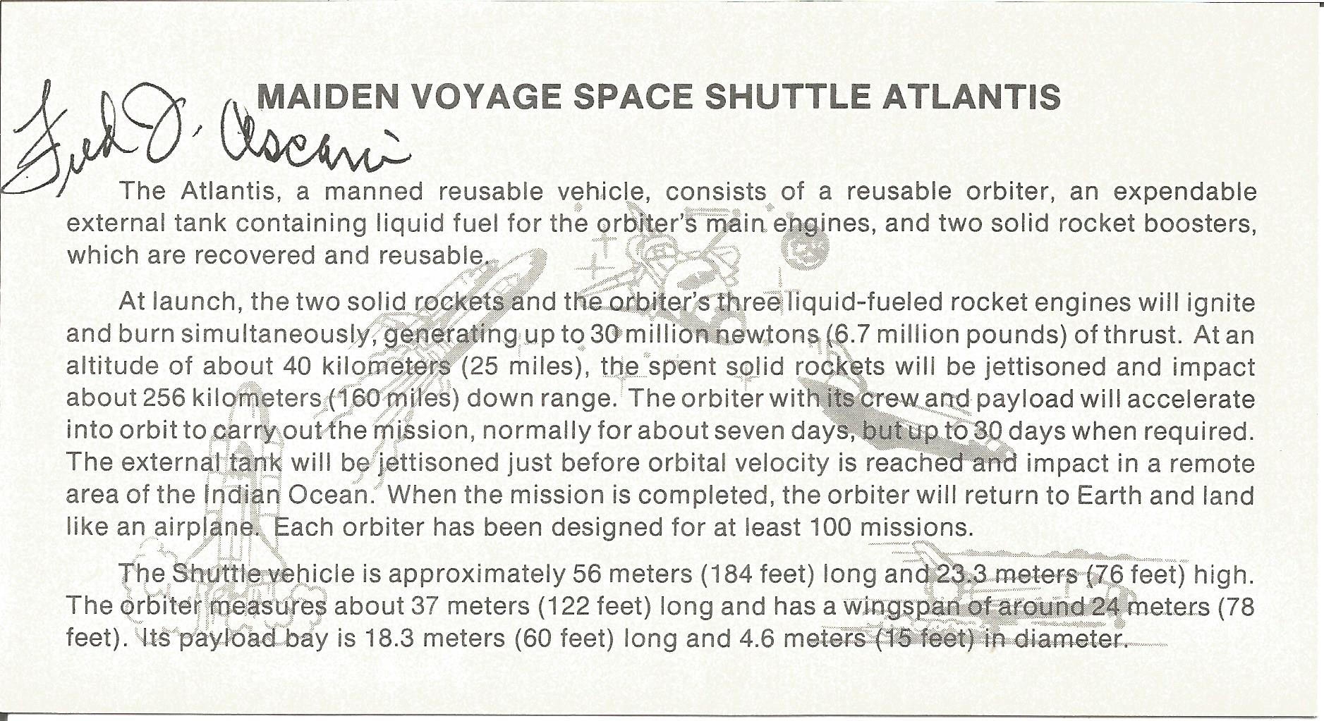 NASA Test pilot Fred Ascani signed Space Shuttle Atlantis information card. Good condition Est.