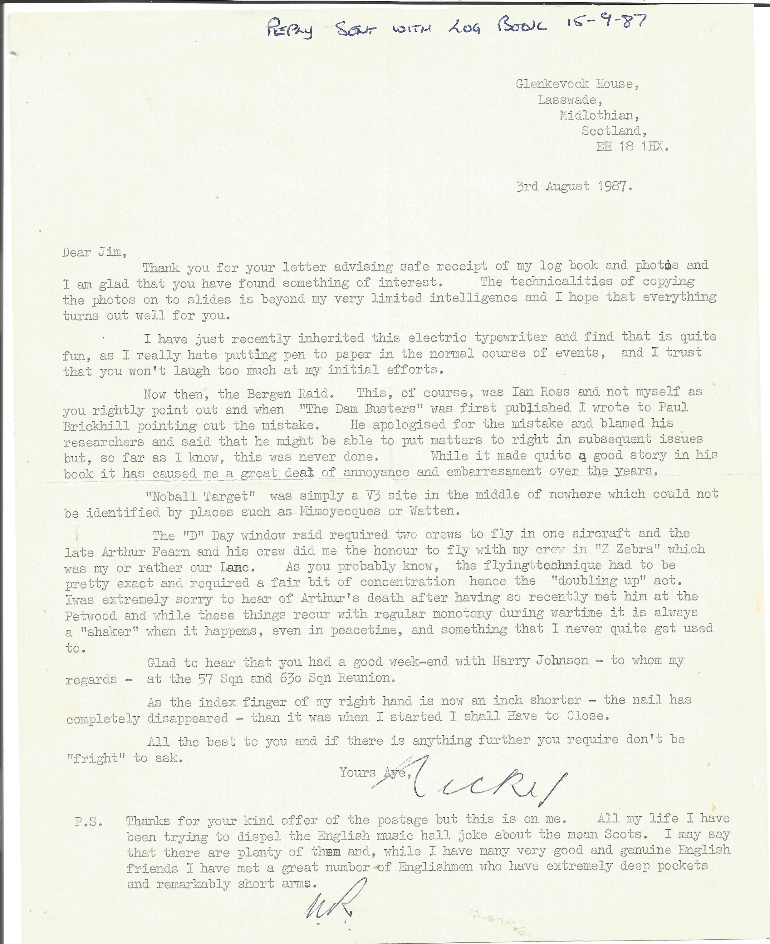 Nicky Ross WW2 617 Sqn Tirpitz Raider hand written detailed letter regarding V3 site raids,