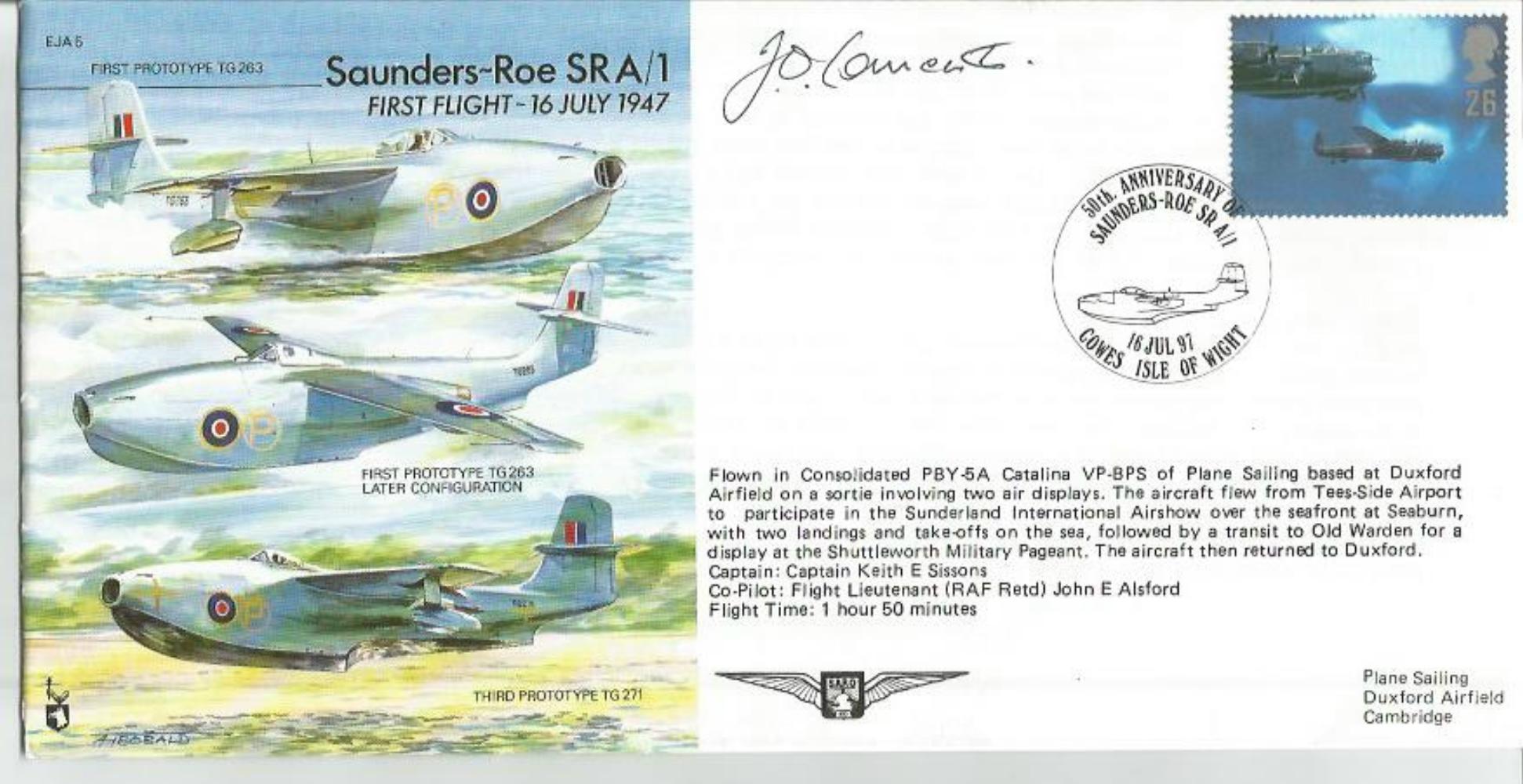 Jo Lancaster DFC test pilot signed Saunders Roe SRA1 Experimental Jet Aircraft cover. Royal Air