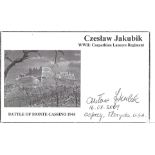 World War Two Battle of Monte Cassino 1944 card signed by Czeslaw Jakubik Captain Lancers