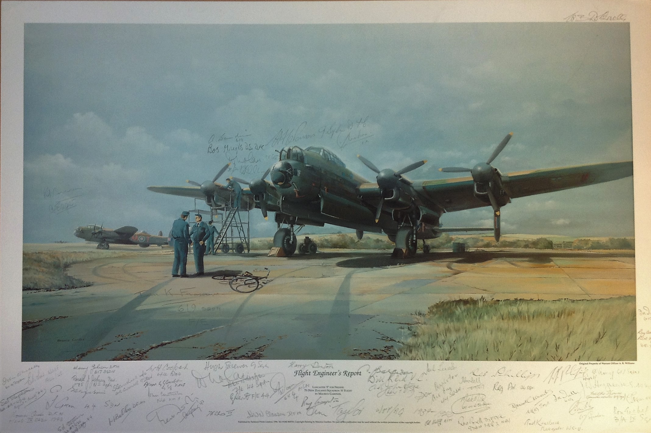 World War Two Lancaster Print 18x27 titled Flight Engineers Report signed in pencil by the artist