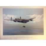 World War Two Lancaster print 20x28 titled Tallboy Away presentation copy signed in pencil by, 8,