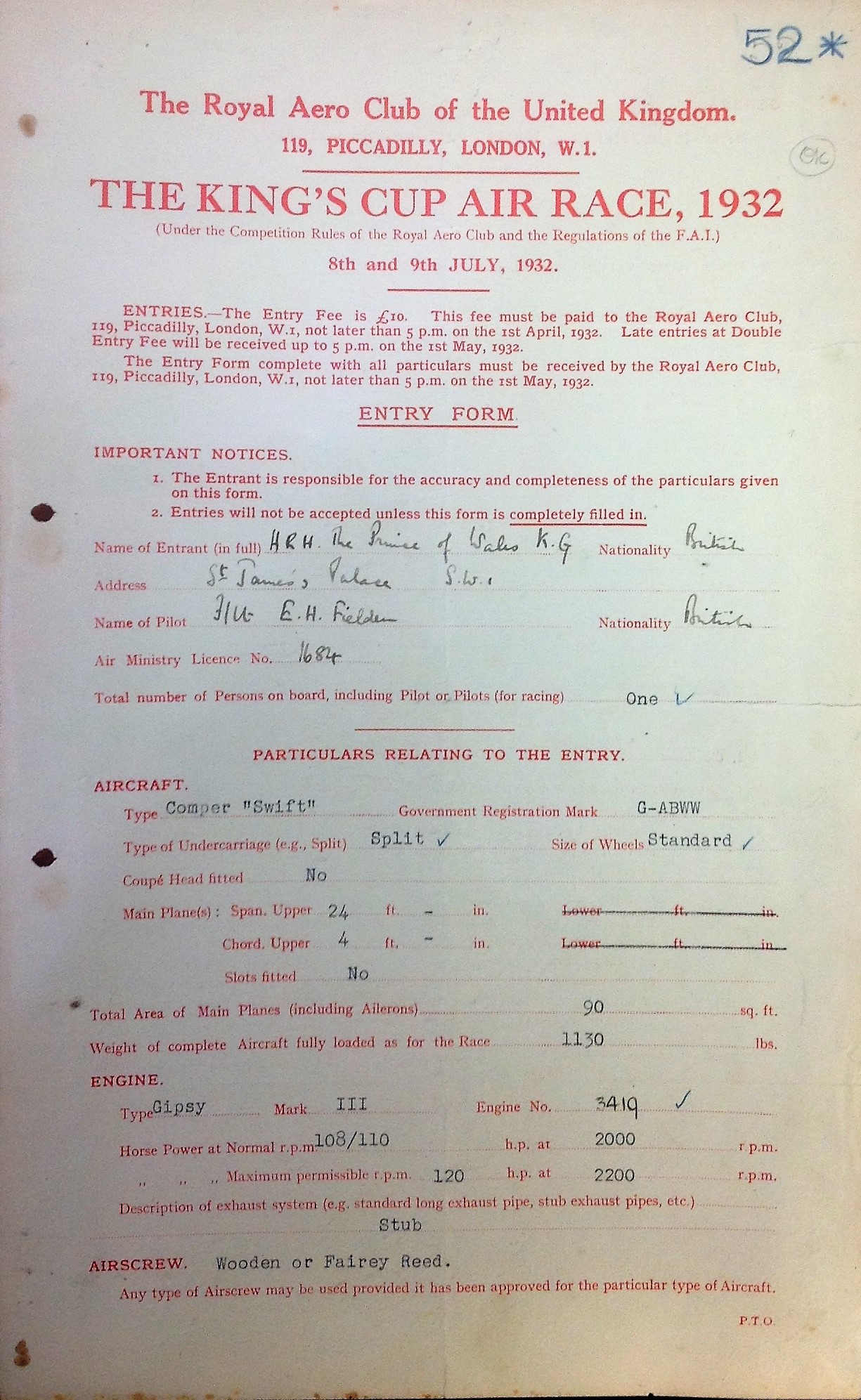 Edward VIII signed original 1932 Entry form for the Kings Cup Air Race 1932. Amazing document on