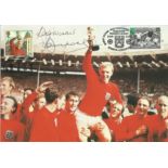 Bobby Moore signed 8x6 colour World Cup photo, which has then had stamps attached and franked.