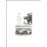 Sterling Moss signed 6x4 - Mercedes Benz black and white promo card of Sir Sterling driving at Le