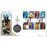 Musicals official Benham FDC PNC. Contains a 1996 Isle of Man Crown depicting Camelot Castle from "