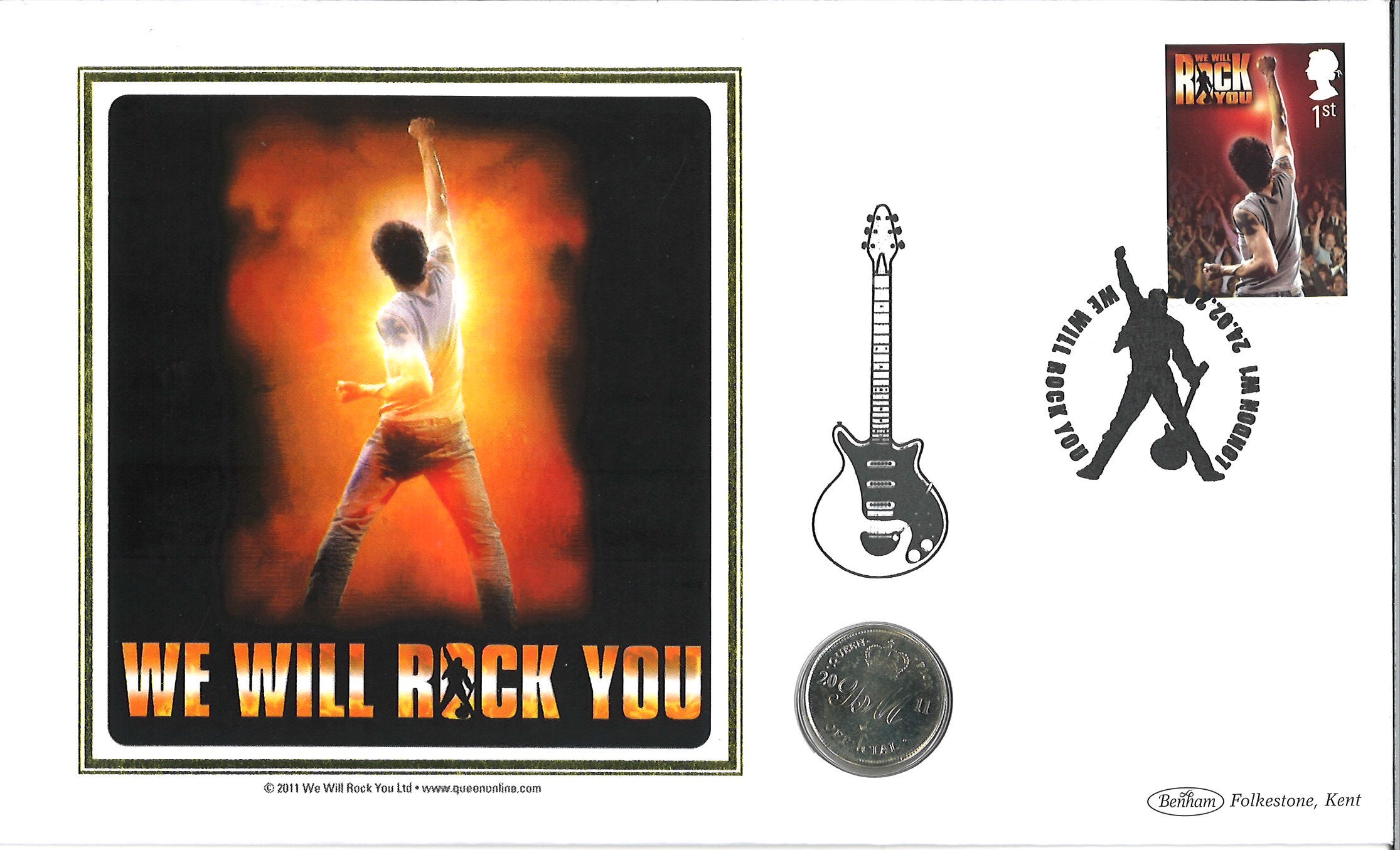 We Will Rock You Benham coin cover. Contains the official 2011 Brian May Pick. We Will Rock you