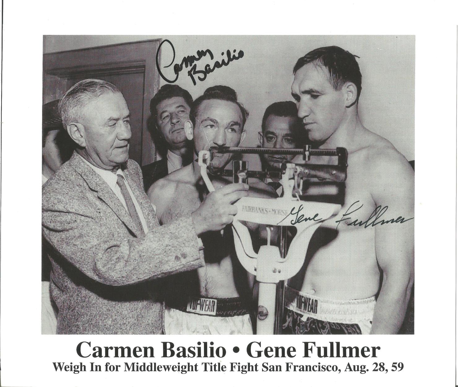 Boxing Carmen Basillo and Gene Fullmer signed 10x8 b/w photo picture at the weigh in for their