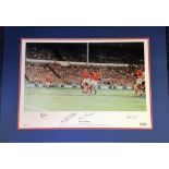 Football World Cup 1966 20x28 approx Mounted colour print showing Martin Peters scoring to put