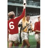 Football Gordon Banks 12x8 signed colour photo pictured celebrating with Bobby Moore after the