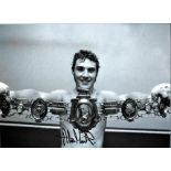 Boxing Alan Minter signed boxing b/w photo. High quality 16x12 photo pictured holding the Lonsdale